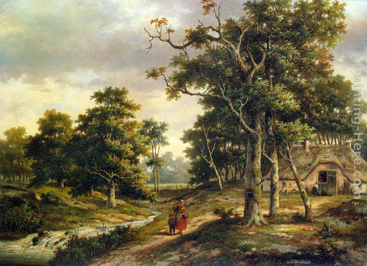 Peasant Woman and a Boy in a Wooded Landscape painting - Hendrik Barend Koekkoek Peasant Woman and a Boy in a Wooded Landscape art painting